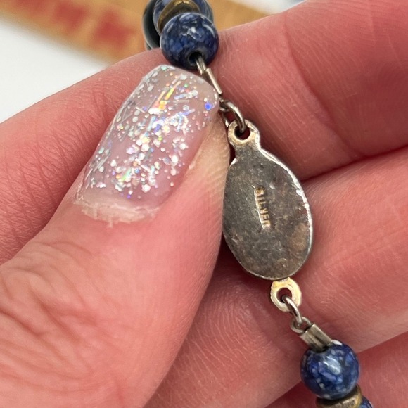 Vintage Black Onyx & Blue Cloisonné Bead Necklace 30" Clasp Stamped Silver - Picture 6 of 8